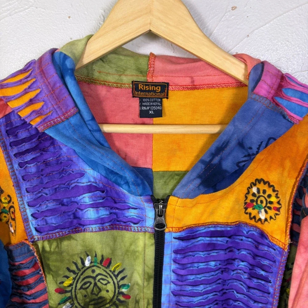 Rising International Patchwork Zip Up Hoodie Women XL Boho Sun Hippie Colorful